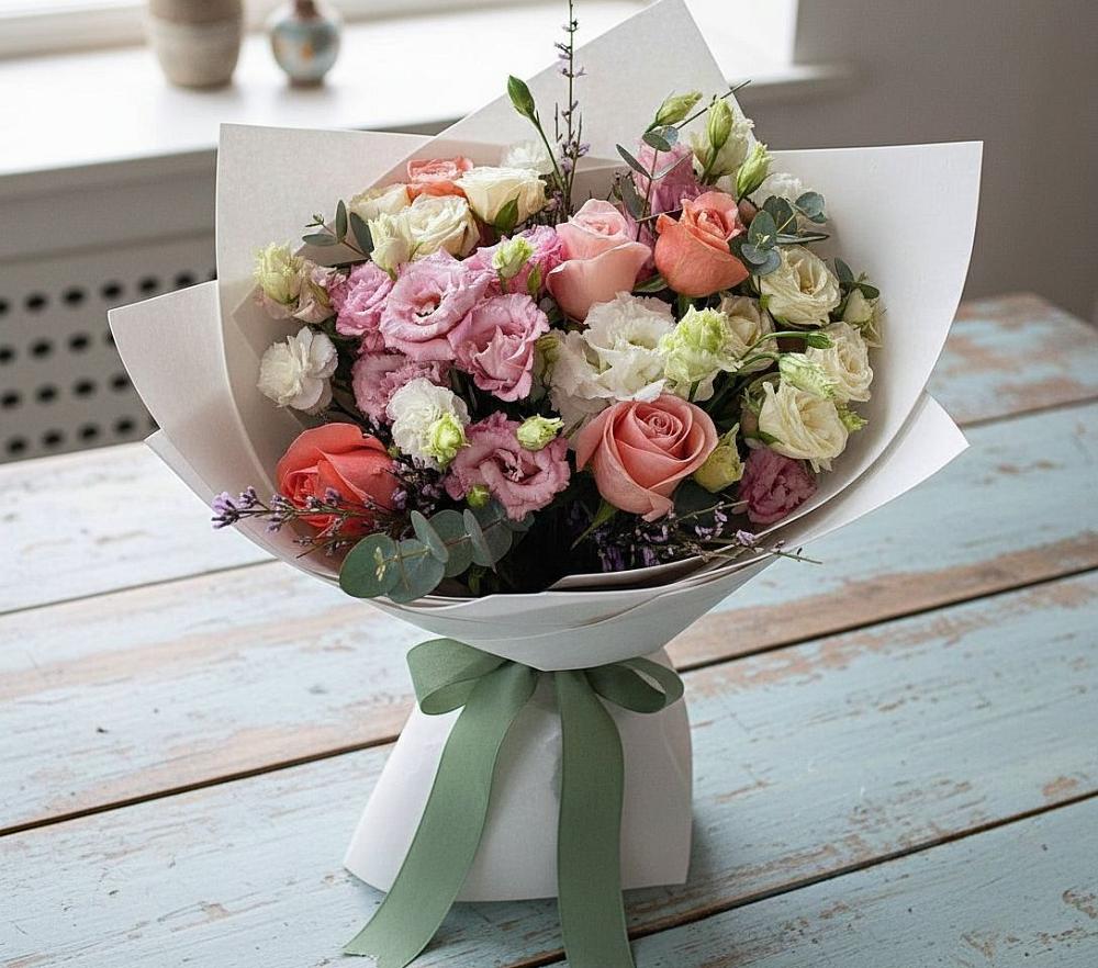 Букет цветов из: Розы, Лизиантусы и Гвоздики в Нижнекамске