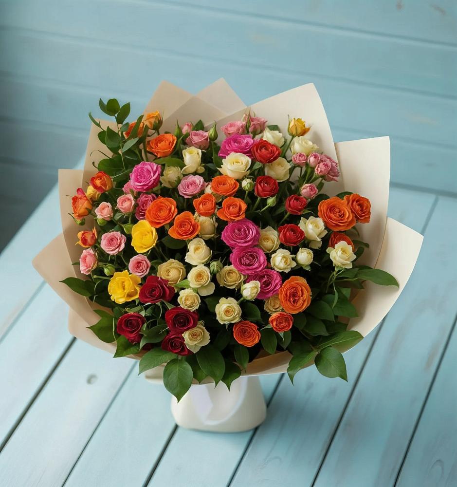 Букет Микс из разноцветных кустовых роз в Нижнекамске